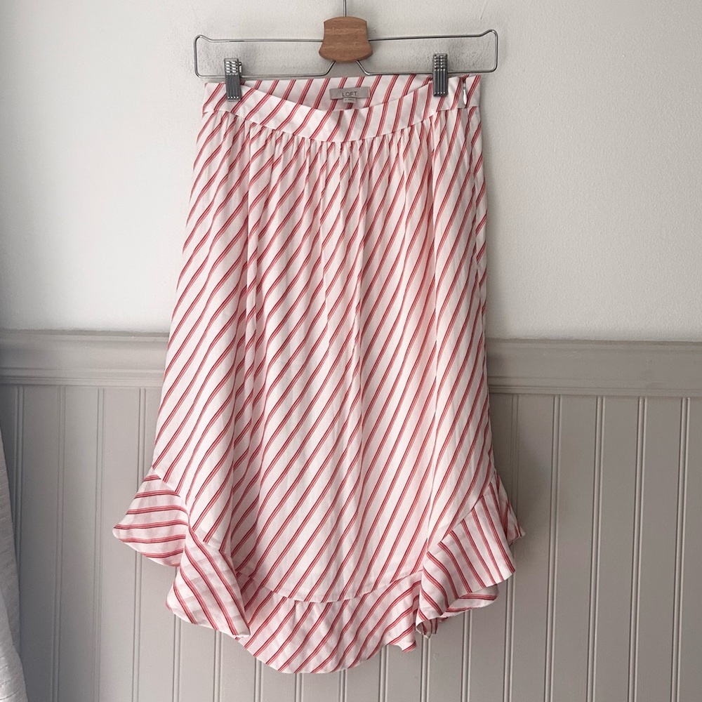 ⭐️ NEW LOFT Red and White Diagonal Stripes High-Low Ruffle Hem Skirt Size 0